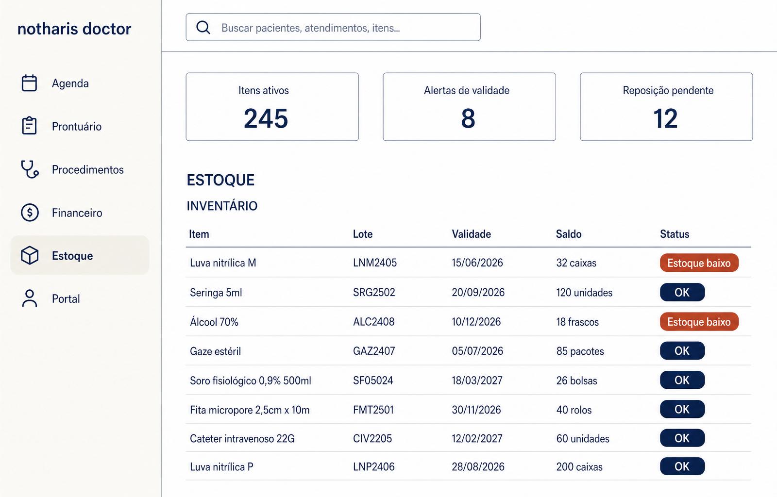 Mockup do módulo Estoque do notharis doctor
