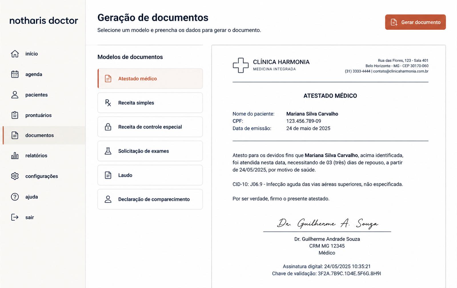 Mockup do módulo Geração de documentos do notharis doctor